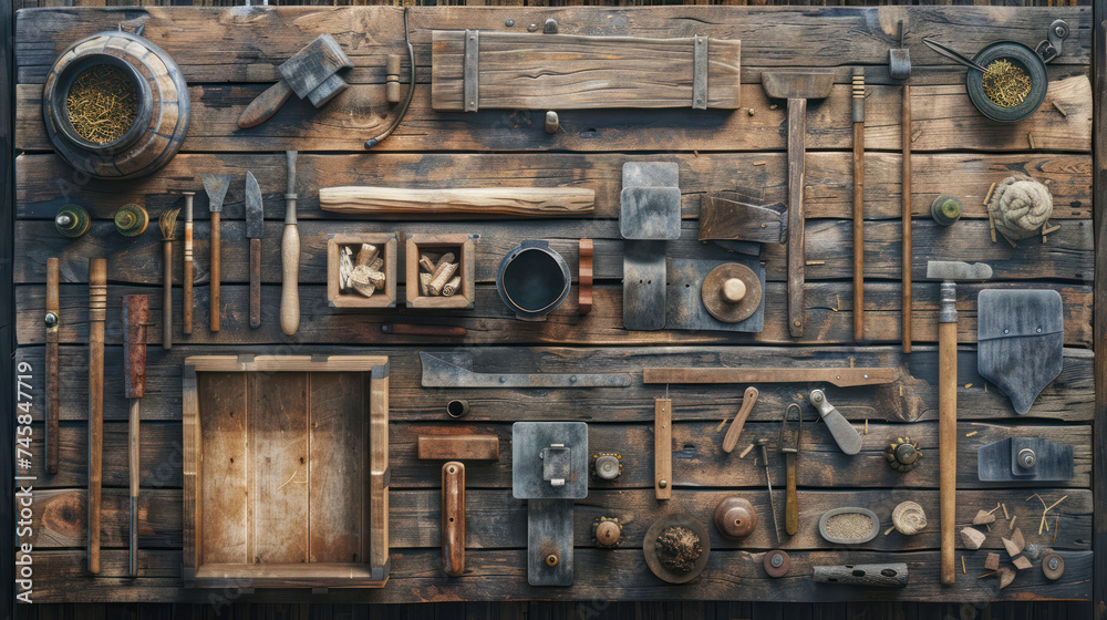Knolling or Flat Lay shot of various carpenter's equipment or elements, Top view, Generated by AI