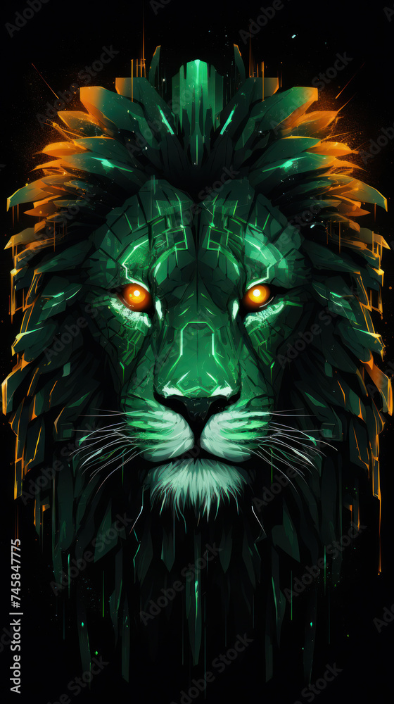 Wild lion head in a green color scheme.