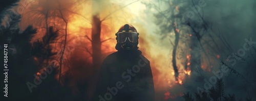 Firefighter standing in a smoky flame engulfed forest gas mask reflecting the fiery glow photo