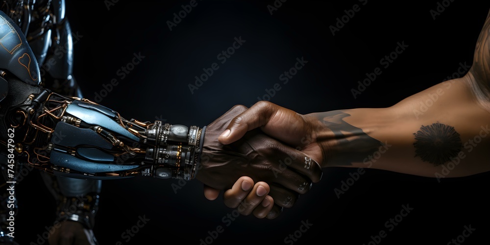 Human and robot hands fist bumping to represent collaboration. Concept Collaboration, Human-Robot Interaction, Technology Partnerships, Innovation, Future Workforce