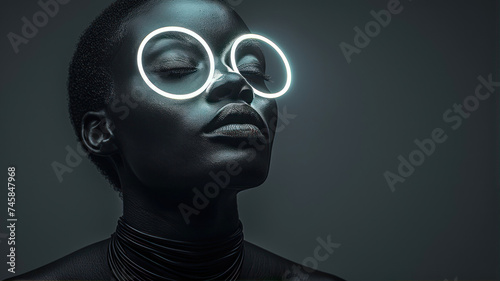 Futuristic portrait of a beautiful african american woman with neon lights on her face