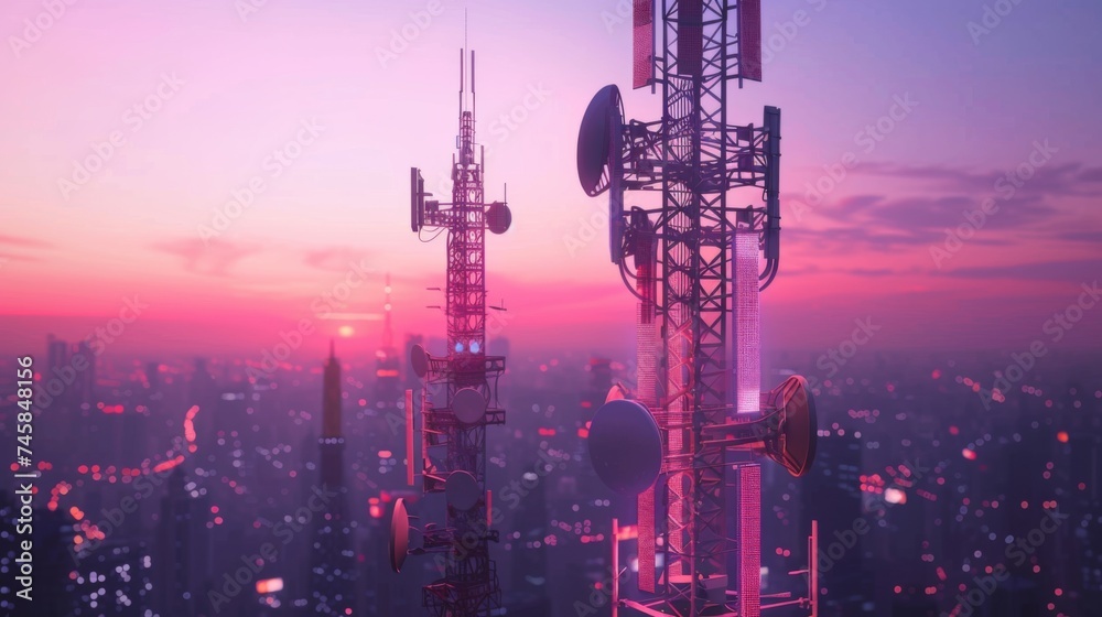 5G Network Tower Illuminating a Bustling Cityscape at Twilight, Symbolizing Connectivity 5G Network Tower Illuminating a Bustling Cityscape at Twilight, Symbolizing Connectivity