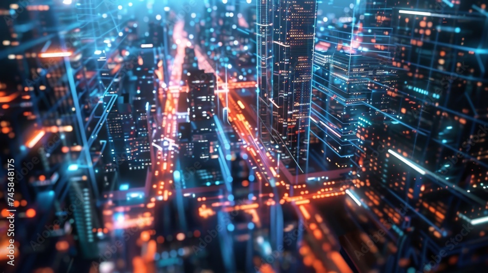 Futuristic Cityscape with Glowing Circuit Patterns Representing Smart City Concept