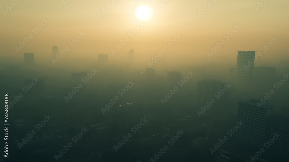 Hazy Skyline under the Veil of Urban Pollution at Sunrise Hazy Skyline under the Veil of Urban Pollution at Sunrise