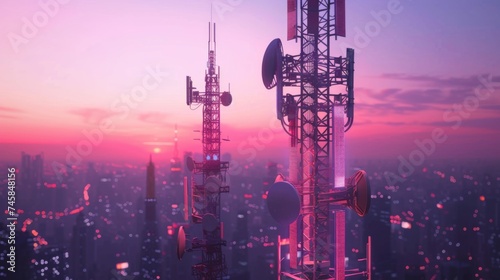 5G Network Tower Illuminating a Bustling Cityscape at Twilight, Symbolizing Connectivity