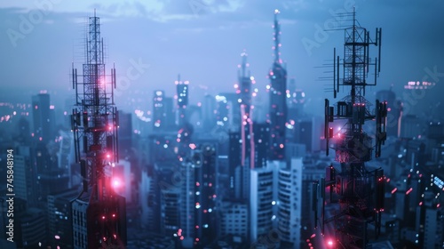 5G Network Tower Illuminating a Bustling Cityscape at Twilight  Symbolizing Connectivity