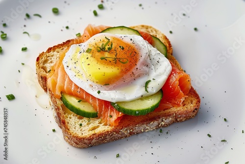 An exceptionally realistic food photography using sony alpha 7 in high resolution 4000K of roasted toast with avocado salmon, very thin cucumber slices and pouched egg photo