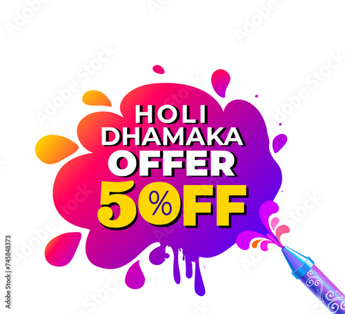 Holi dhamaka offer 50% off text with color splash. Holi Festival sale promotional theme concept.