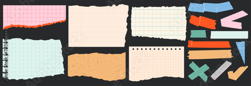 Modern torn paper, notebook sheets and colour tape collage set.  Elements for poster, social media, banners. Trendy vector illustration.