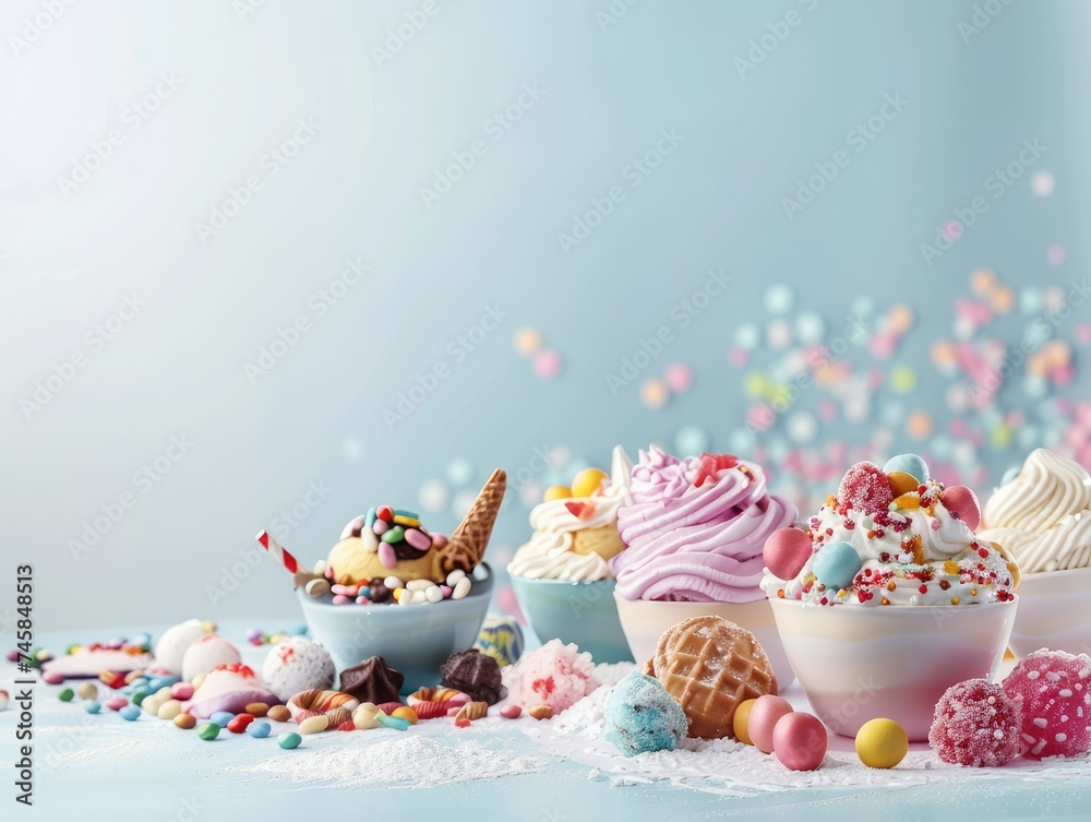 Assortment ice cream and candies in panoramic orientation. National ice cream day. Assortment ice cream and candies in panoramic orientation. National ice cream day.