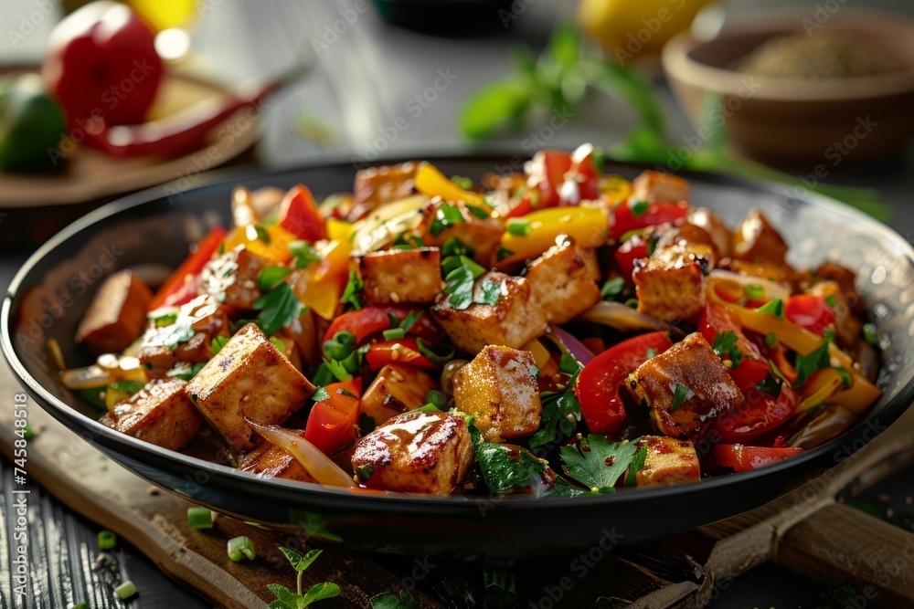 Vegetable Stir-Fry with Tofu: Colorful medley of crunchy vegetables and