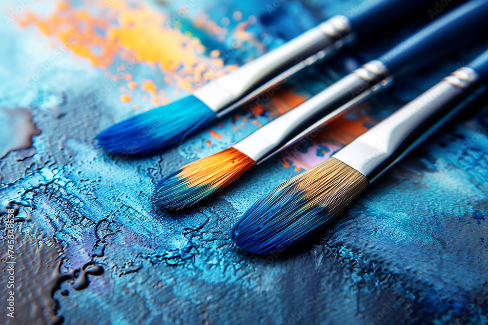 Paintbrushes on a canvas, blue and orange paint - Generative AI - obrazy, fototapety, plakaty 