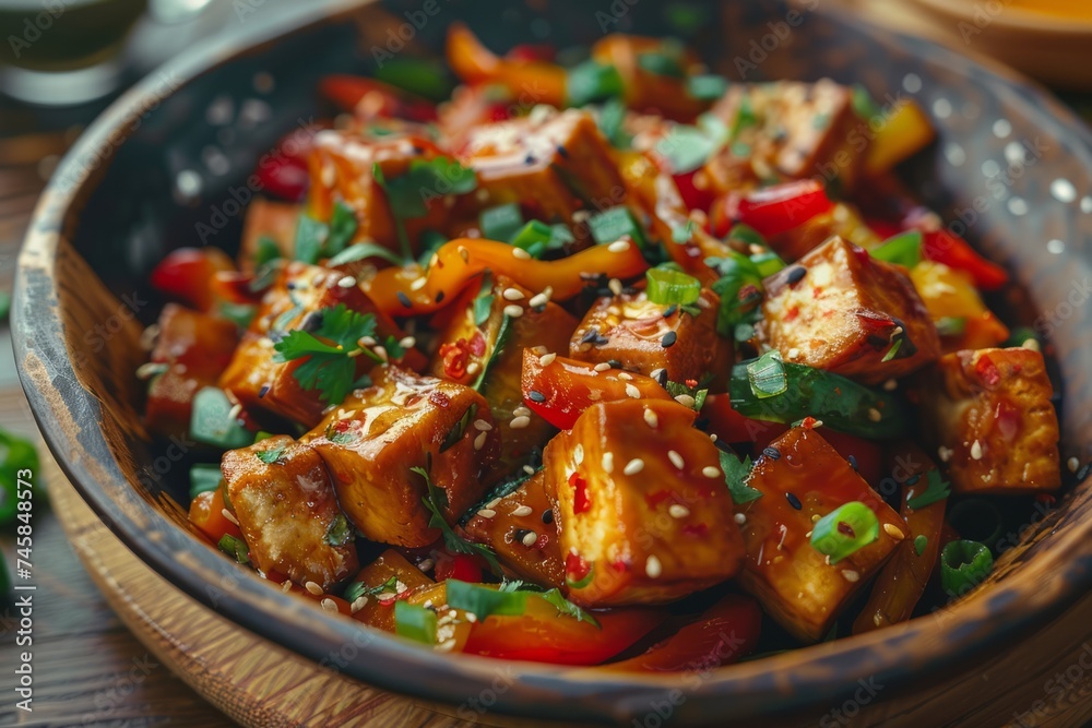 Vegetable Stir-Fry with Tofu: Colorful medley of crunchy vegetables and marinated tofu, stir-fried to perfection in a savory soy sauce-based glaze - obrazy, fototapety, plakaty 