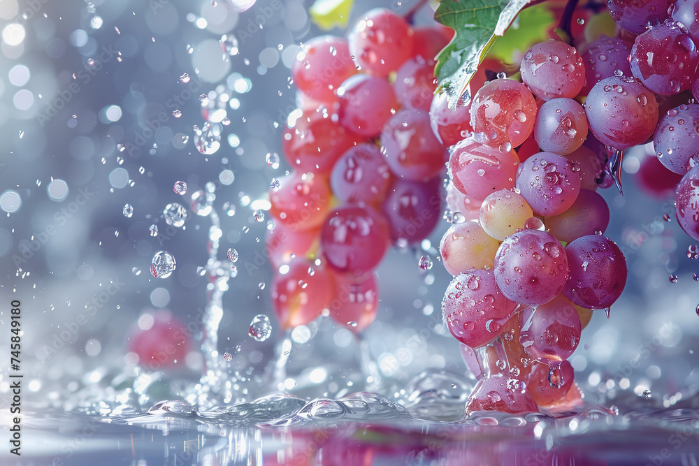 A colorful backdrop has grape chunks floating in the air. water drops splash. AI Generated A colorful backdrop has grape chunks floating in the air. water drops splash. AI Generated