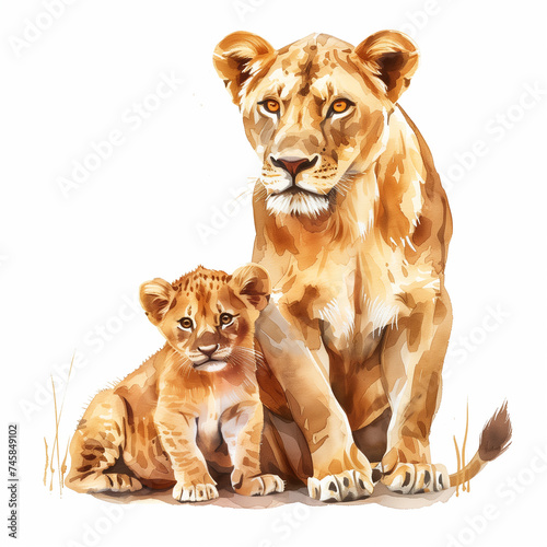 Watercolor cartoon illustration of a regal lioness and her cub, isolated on a white background