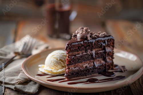 Chocolate Lava Cake: Decadent chocolate cake with a molten, gooey center, served warm with a scoop of vanilla ice cream and a drizzle of chocolate sauce photo