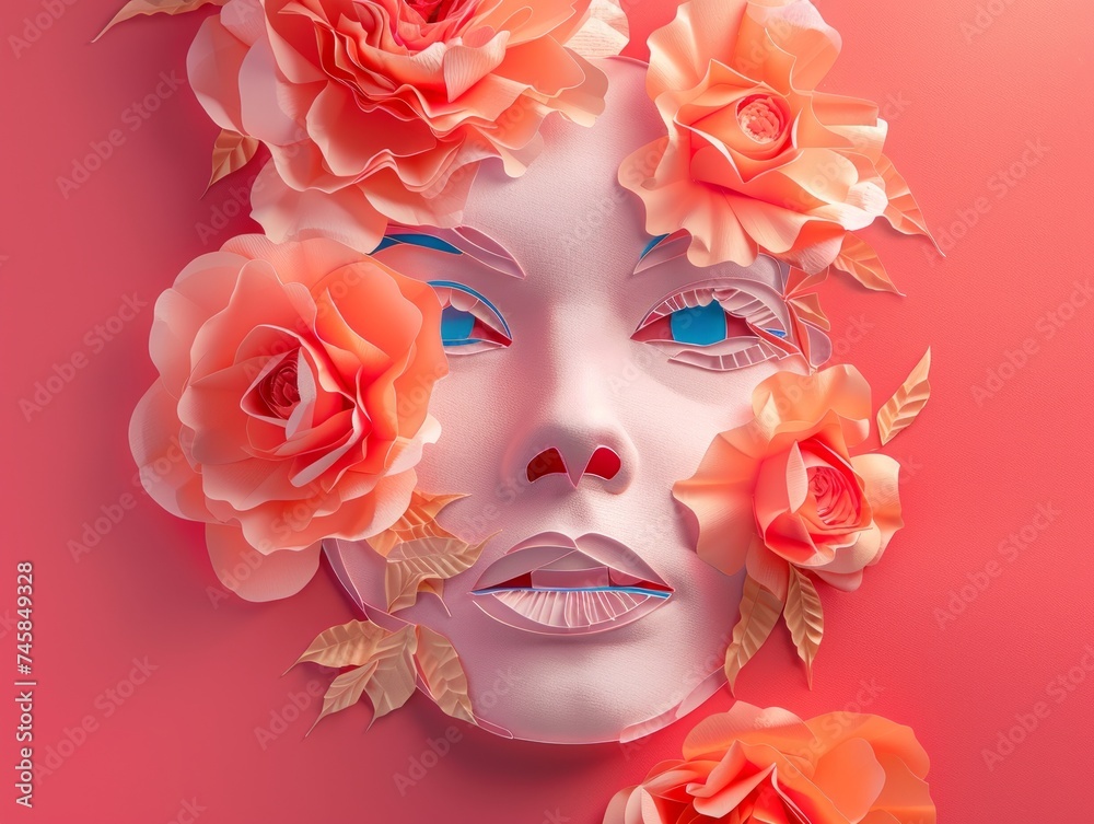 Luxurious paper art portrait with textured roses in various shades of red and pink