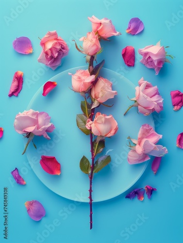 Top view of pink roses with scattered petals artistically placed on a blue circular plate
