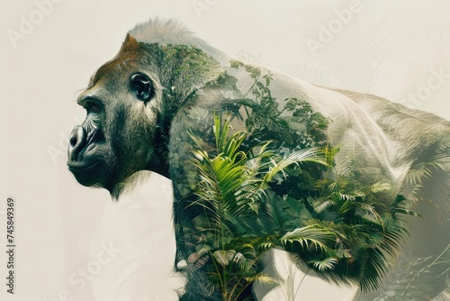 A gorilla overlaid with the lush greenery of a tropical rainforest in a double exposure  photo