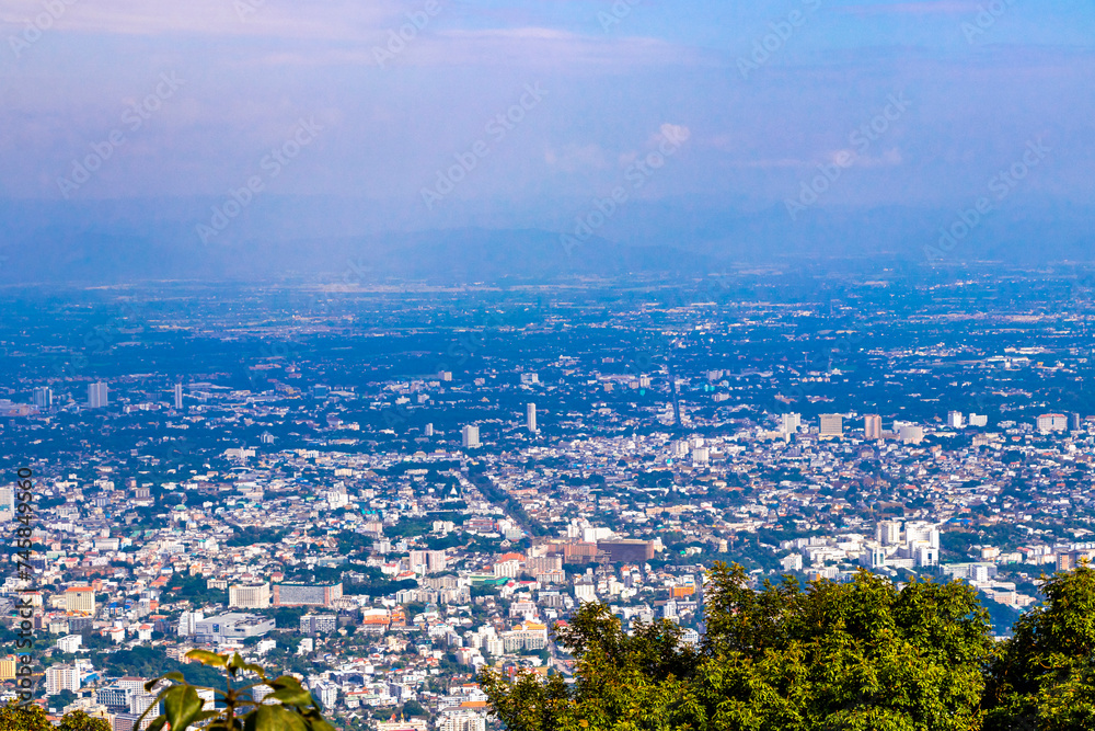 Panoramic view of city and tropical jungle Chiang Mai Thailand.