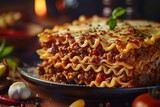 Classic Beef Lasagna: Layers of tender pasta sheets, savory ground beef, rich tomato sauce, and creamy béchamel, baked to golden perfection