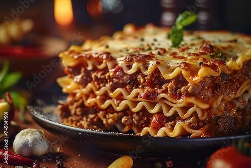 Classic Beef Lasagna: Layers of tender pasta sheets, savory ground beef, rich tomato sauce, and creamy béchamel, baked to golden perfection