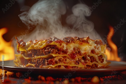 Classic Beef Lasagna: Layers of tender pasta sheets, savory ground beef, rich tomato sauce, and creamy béchamel, baked to golden perfection photo