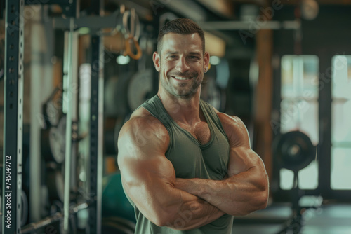 Portrait of muscular men smiling, standing confident with crossed his arms in a gym
