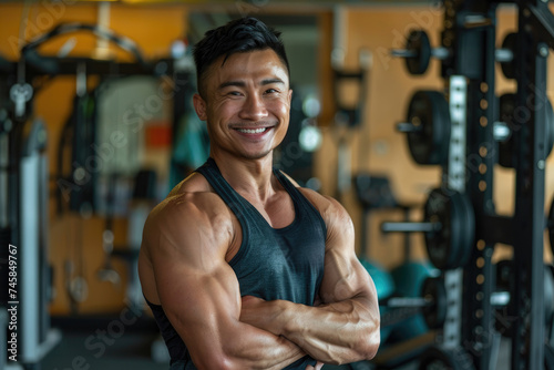 Portrait of muscular men smiling, standing confident with crossed his arms in a gym