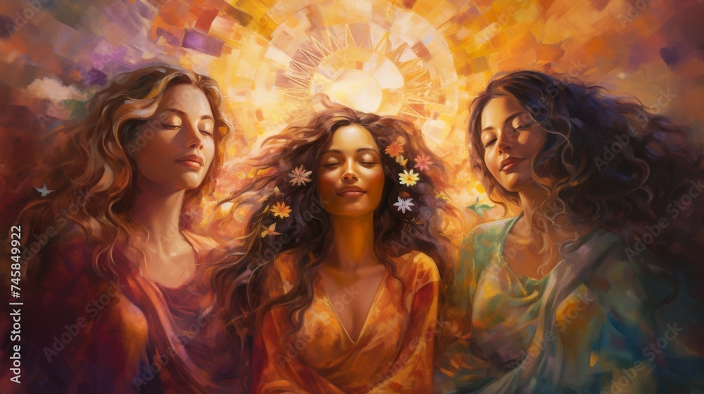 Three women with high feminine energy, abstract paint Three women with high feminine energy, abstract paint