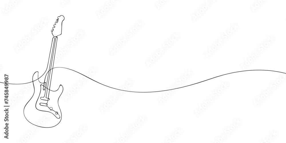 A single line drawing of a electric guitar. Continuous line bass guitar icon. One line icon. Vector illustration - obrazy, fototapety, plakaty 