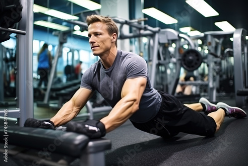 Fit man performing stretching exercises on the gym floor to maintain vitality and fitness.