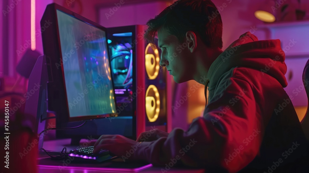 Shot of the Professional Gamer Playing in First-Person Shooter Online Video Game on His Personal Computer. Room Lit by Neon Lights in Retro Arcade Style. Online Cyber e-Sport Internet Championship. Shot of the Professional Gamer Playing in First-Person Shooter Online Video Game on His Personal Computer. Room Lit by Neon Lights in Retro Arcade Style. Online Cyber e-Sport Internet Championship.