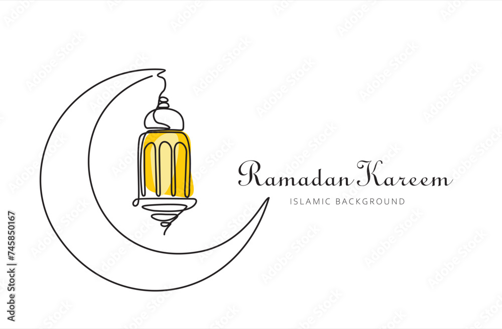 Continuous line drawing of islamic decoration with lanter, star, and moon. Single line art of ramadan kareem greeting card concept. Vector illustration