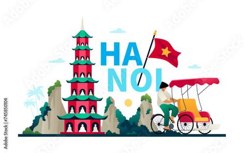 Welcome to Hanoi - modern colored vector illustration with Thien Mu Pagoda, vietnam national flag, mountains and tropical nature, rickshaw and asian local. Cultural flavor and attractions idea
