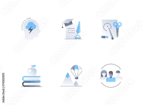 Knowledge and learning - flat design style icons set. High quality colorful images of brainstorming, graduate diploma, books and apple, conquering new mountain peaks, united team, stationery