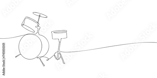 A single line drawing of a drum kit. Continuous line drums icon. One line icon. Vector illustration