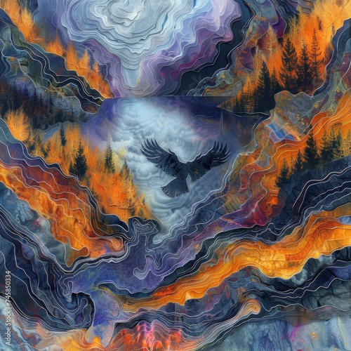 Scenic Mountainous Artwork, Crow's Perspective: Blue and Gold in Mountainous Splendor