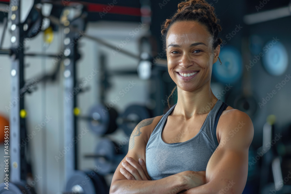 Portrait of muscular woman smiling, standing confident with crossed his arms in a gym