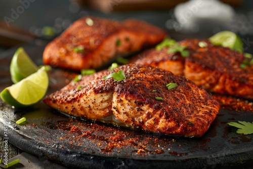 Cajun Blackened Salmon: Succulent salmon fillets coated in a fiery blend of Cajun spices, seared to perfection, served with a zesty lime wedge