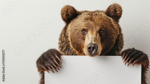 Brown bear holding a white placard in front of his face.