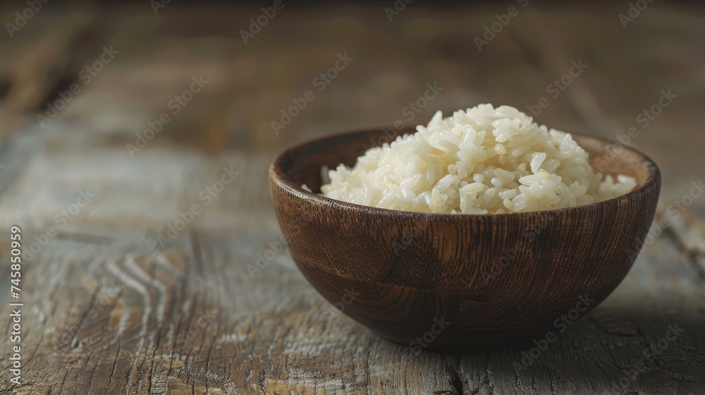 White rice in bowl on wooden table White rice in bowl on wooden table