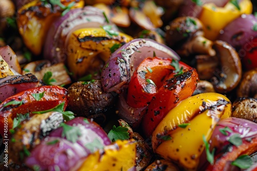 Beef and Vegetable Kabobs: Tender chunks of marinated beef, colorful bell peppers, onions, and mushrooms skewered and grilled to smoky perfection photo