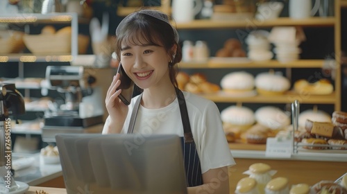 Young asian female Business owner in apron using laptop and talking to clients on the phone by workplace.Organization of Work in the Field of Delivery.selling bakery online photo