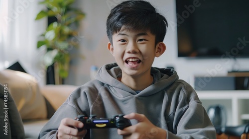 Young Asian Handsome Pro Gamer Feel Excited While playing in Online Cyber Sport Game at home