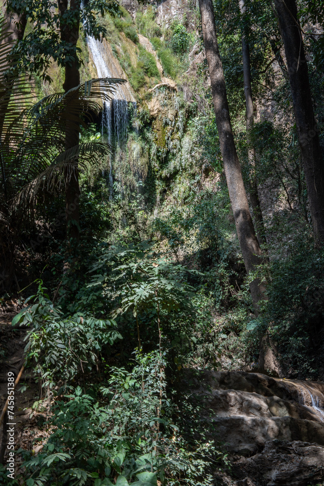 Obraz premium The Hoi Khua Waterfall in the Green Jungle Park 32km west of Luang Prabang in Laos Asia 