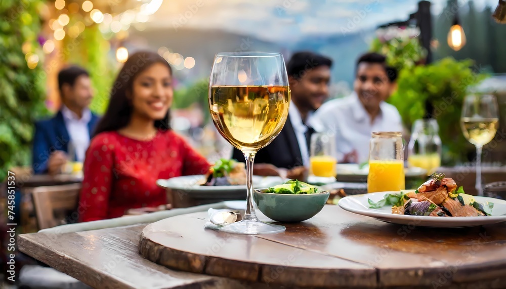 at a table in a street cafe - a glass of white wine is in focus, the background with people and a beautiful view are blurred