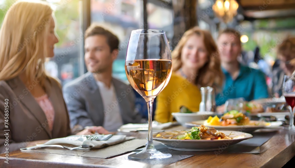at a table in a restaurant (meeting of friends or corporate event) - a glass of white wine is in focus, the background with people is blurred