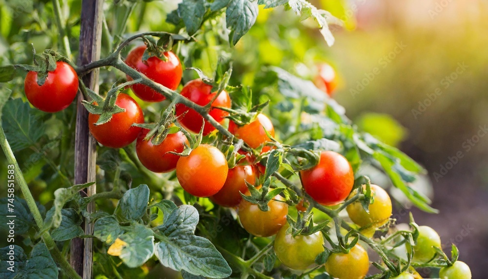 cherry tomatoes on a branch, ripe in the garden, harvest, on a sunny day