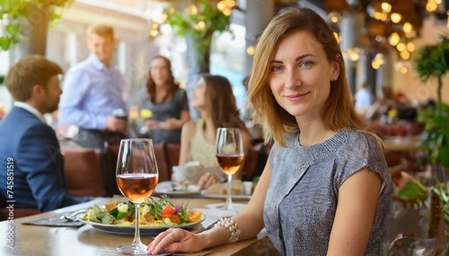 at a table in a beautiful cafe - an elegant brown-haired with a glass of wine  corporate event  date  or meeting with a friend 